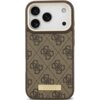 Brązowe etui na telefon z wzorem w logo 4G, posiada metalową płytkę z napisem "GUESS". Etui jest przeznaczone do modelu Apple iPhone 17 Pro i jest kompatybilne z MagSafe.