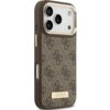 Brązowe etui do telefonu z wzorem 4G i metalową plakietką z napisem "GUESS" na dole. Etui posiada wycięcia na aparat i przyciski, a jego powierzchnia jest ozdobiona powtarzającym się logo.