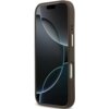 Brązowe etui na telefon z widocznymi przyciskami bocznymi, dopasowane do modelu iPhone. Na ekranie telefonu widoczny jest abstrakcyjny wzór z ciemnymi okręgami.