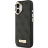 Czarne etui na telefon z teksturowanym wzorem i metalową plakietką z napisem "GUESS" na dole. Etui posiada wycięcia na aparat i przyciski boczne.