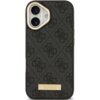 Czarne etui na telefon z teksturą w drobne wzory i złotą tabliczką z napisem "GUESS" na dole. W górnej części widoczne są wycięcia na aparat i lampę błyskową.