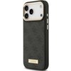Przedstawione jest czarne etui na telefon z teksturą w delikatny wzór oraz złotą tabliczką z napisem "GUESS". Etui posiada wycięcia na aparat i przyciski boczne.