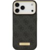 Czarne etui na telefon z wzorem 4G i metalową plakietką z napisem "GUESS" na dole. Etui posiada wycięcia na trzy obiektywy aparatu i dodatkowe elementy.