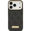 Czarne etui na telefon z wzorem 4G i złotą tabliczką z napisem "GUESS" na dole. Etui jest przeznaczone do modelu Apple iPhone 17 Pro i posiada wycięcia na aparat oraz funkcję MagSafe.