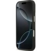 Czarne etui na telefon z widocznymi przyciskami bocznymi i otworem na aparat. Na ekranie telefonu wyświetlany jest abstrakcyjny wzór z ciemnymi okręgami.