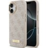 Etui na telefon w kolorze różowym z wzorem 4G i złotą tabliczką z napisem "GUESS", zaprojektowane dla modelu iPhone 17, z funkcją MagSafe. Produkt ma elegancki wygląd z wycięciami na przyciski i aparat.