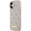 Etui na telefon w kolorze różowym z wzorem 4G i metalową plakietką z napisem "GUESS" na dole. Etui posiada wycięcia na aparat i przyciski boczne.