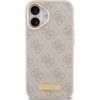 Różowe etui na telefon z wzorem w logo 4G, posiada złotą tabliczkę z napisem "GUESS". Etui jest przeznaczone do modelu Apple iPhone 17 i ma wycięcia na aparat oraz przyciski.