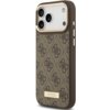 Brązowe etui na telefon z wzorem 4G i złotą tabliczką z napisem "GUESS" na dole. Etui posiada wycięcia na aparat i przyciski boczne.