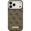 Brązowe etui na telefon z wzorem 4G i logo GUESS na złotej płytce u dołu. Etui jest przeznaczone do Apple iPhone 17 Pro Max i posiada funkcję MagSafe.