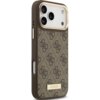 Brązowe etui na telefon z wzorem 4G i złotą tabliczką z napisem "GUESS" na dole. Etui jest przeznaczone do modelu Apple iPhone 17 Pro Max i posiada wycięcia na aparat oraz przyciski.