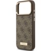 Brązowe etui na telefon z wzorem 4G i złotą tabliczką z napisem "GUESS" na dole. Etui posiada wycięcie na aparat oraz przyciski boczne.