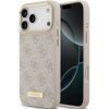 Etui na telefon w kolorze różowym z wzorem 4G i metalową plakietką z napisem "GUESS". Etui jest przeznaczone do modelu Apple iPhone 17 Pro Max i posiada funkcję MagSafe.