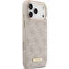 Na zdjęciu widoczne jest różowe etui na telefon z wzorem 4G i złotą tabliczką z napisem "GUESS". Etui posiada wycięcia na aparat i przyciski, a jego powierzchnia ma teksturę z delikatnym wzorem.