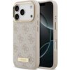 Etui na telefon w kolorze różowym z wzorem 4G i złotą tabliczką z napisem "GUESS", zaprojektowane dla modelu iPhone 17 Pro. Etui posiada wycięcia na aparat i przyciski, a jego powierzchnia ma teksturę materiału.