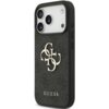 Czarne etui na telefon z teksturą, ozdobione metalicznym logo składającym się z liter "G" oraz napisem "GUESS" na dole. Etui posiada wycięcia na trzy obiektywy aparatu i przyciski boczne.