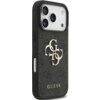 Czarne etui na telefon z widocznym logo "GUESS" w dolnej części oraz ozdobnym wzorem z literami "G" i "C" na tle o teksturze przypominającej tkaninę. Etui posiada wycięcia na aparat i przyciski boczne.