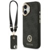 Czarne etui na telefon z logo "GUESS" i wzorem 4G Strass, posiada metalowe przyciski i pasek na ramię. Etui jest kompatybilne z MagSafe i przeznaczone do Apple iPhone 17.