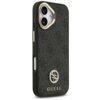 Czarne etui na telefon z teksturą w delikatny wzór, ozdobione okrągłym logo z literami "4G" oraz napisem "GUESS" na dole. Etui posiada metalowe przyciski i jest kompatybilne z MagSafe.