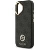 Czarne etui na telefon z teksturą i wzorem, ozdobione metalowym logo z literami "4G" oraz napisem "GUESS" na dole. Etui posiada metalowe przyciski i wycięcie na aparat z metalową obwódką.