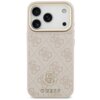 Różowe etui na telefon z wzorem 4G i logo GUESS, ozdobione metalowymi elementami oraz dużym paskiem, przeznaczone do Apple iPhone 17 Pro. W górnej części widoczne są wycięcia na trzy obiektywy aparatu i lampę błyskową.