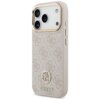 Różowe etui na telefon z wzorem 4G i logo GUESS, ozdobione metalowymi elementami oraz dużym paskiem, zaprojektowane dla Apple iPhone 17 Pro z funkcją MagSafe. Na etui widoczne jest logo GUESS oraz ozdobne detale w kolorze złotym.