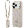 Różowe etui na telefon z logo "GUESS" i wzorem 4G Strass, posiada metalowe przyciski oraz duży pasek. Etui jest kompatybilne z MagSafe i przeznaczone do Apple iPhone 17 Pro.