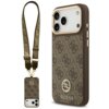 Brązowe etui do telefonu z wzorem 4G i logo GUESS, wyposażone w metalowe przyciski i pasek na ramię. Etui jest kompatybilne z MagSafe i przeznaczone do Apple iPhone 17 Pro Max.