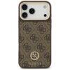 Brązowe etui na telefon z wzorem 4G i logo GUESS na dole, posiada trzy otwory na aparaty oraz dodatkowe otwory na inne elementy telefonu. Na środku znajduje się okrągłe logo z literami "G" i "C".