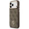 Brązowe etui na telefon z wzorem 4G i logo GUESS, ozdobione metalowymi elementami oraz dużym paskiem, zaprojektowane do iPhone 17 Pro Max z funkcją MagSafe. Na etui widoczne jest logo GUESS oraz ozdobne logo 4G z cyrkoniami.