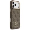 Brązowe etui na telefon z wzorem 4G i logo GUESS, ozdobione metalowymi elementami oraz dużym paskiem, zaprojektowane dla Apple iPhone 17 Pro Max z funkcją MagSafe. Na dole widoczne jest logo GUESS.
