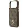 Brązowe etui na telefon z wzorem 4G i logo GUESS na dole, ozdobione metalowymi przyciskami i złotą ramką wokół otworu na aparat. Na środku znajduje się okrągłe logo z literami "GS" otoczone kryształkami.