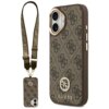 Brązowe etui do telefonu z wzorem 4G i logo GUESS, ozdobione metalowymi elementami oraz paskiem na ramię. Etui jest przystosowane do systemu MagSafe i przeznaczone dla Apple iPhone 17.