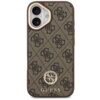 Brązowe etui na telefon z wzorem w ciemne, splecione litery oraz okrągłym logo z napisem "GUESS" na dole. W górnej części widoczne są wycięcia na aparat i przyciski.