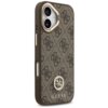 Brązowe etui na telefon z wzorem 4G i logo GUESS, ozdobione metalowymi elementami oraz dużym paskiem, zaprojektowane do iPhone 17 z funkcją MagSafe. Na etui widoczne jest logo GUESS oraz ozdobne elementy w kształcie okręgu.