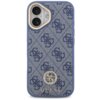 Niebieskie etui na telefon z wzorem w logo "4G" i ozdobnym emblematem z napisem "GUESS" na dole. Etui posiada wycięcia na aparat i przyciski, a jego powierzchnia jest teksturowana.