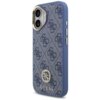 Niebieskie etui na telefon z wzorem 4G i logo GUESS w dolnej części, ozdobione metalowymi przyciskami i dużym paskiem. Etui jest kompatybilne z MagSafe i przeznaczone do Apple iPhone 17.
