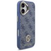 Niebieskie etui na telefon z wzorem 4G i logo GUESS, ozdobione metalowymi elementami i przeznaczone do iPhone 17, posiada funkcję MagSafe. Na dole widoczne jest logo GUESS w srebrnym kolorze.