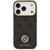 Czarne etui na telefon z wzorem 4G i logo GUESS w dolnej części, ozdobione błyszczącym emblematem. Etui posiada wycięcia na aparat i inne elementy telefonu.