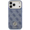 Niebieskie etui na telefon z wzorem w litery "G" oraz metalowym logo "GUESS" na dole. Etui posiada wycięcia na aparat i przyciski, a jego powierzchnia jest ozdobiona teksturą przypominającą tkaninę.