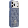 Niebieskie etui na telefon z wzorem w logo "4G" i metalowym emblematem z napisem "GUESS" na dole. Etui posiada wycięcia na aparat i przyciski, a jego krawędzie są wzmocnione.