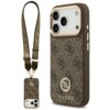 Brązowe etui do iPhone'a z wzorem 4G i logo GUESS, ozdobione metalowymi elementami oraz dużym paskiem. Etui posiada wycięcia na aparat i przyciski, a na dole widnieje napis "GUESS".