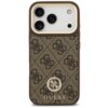 Brązowe etui na telefon z wzorem w ciemne logo 4G, ozdobione metalicznym logo GUESS z cyrkoniami. Etui posiada wycięcia na aparat i przyciski, a na dole widoczny jest napis "GUESS".