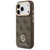 Brązowe etui na telefon z wzorem 4G i logo GUESS, posiada metalowe przyciski oraz wycięcia na aparat. Na dole widoczny jest napis "GUESS".
