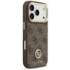 Brązowe etui na telefon z wzorem 4G i logo GUESS, ozdobione metalowymi elementami oraz dużym paskiem, przeznaczone do iPhone 17 Pro z funkcją MagSafe. Na etui widoczne jest logo GUESS oraz ozdobny emblemat.