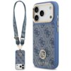Niebieskie etui na telefon z wzorem 4G i logo GUESS, posiada metalowe elementy oraz pasek do noszenia. Etui jest przeznaczone do modelu Apple iPhone 17 Pro i jest kompatybilne z MagSafe.