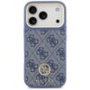 Niebieskie etui na telefon z wzorem w logo "4G" i napisem "GUESS" na dole, ozdobione metalowym emblematem z literami "G" i "C". Etui posiada wycięcia na trzy obiektywy aparatu oraz dodatkowe otwory na inne elementy telefonu.