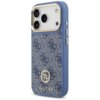 Niebieskie etui na telefon z wzorem w litery "G" i metalowym logo "GUESS" na dole, posiada wycięcia na aparat i przyciski. Etui ma złote akcenty wokół otworów na obiektywy.