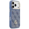 Niebieskie etui na telefon z wzorem 4G i logo GUESS ozdobionym strassami, posiada metalowe przyciski i jest kompatybilne z MagSafe. Produkt przeznaczony do Apple iPhone 17 Pro.