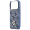Niebieskie etui na telefon z wzorem w litery "G" oraz metalowym logo GUESS ozdobionym cyrkoniami. Etui posiada wycięcie na aparat oraz metalowe przyciski boczne.